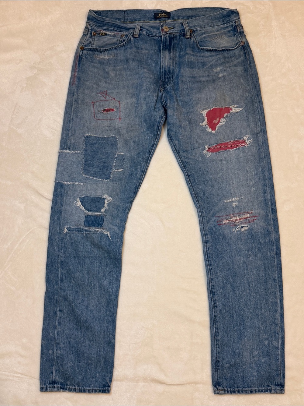 Polo Ralph Lauren Sullivan Slim Bandana Patch Jeans 32x32 Distressed Patchwork